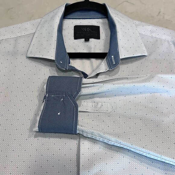 WRK Dress Shirt Mens 17 Blue Geometric Flip Cuff Button Up 4-Way Stretch Long Sl - Picture 1 of 11